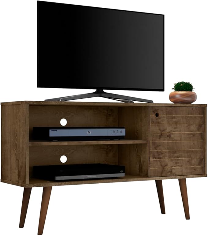 Manhattan Comfort Liberty Mid Century Modern TV Stand for Televisions up to 46 Inches, Bedroom and Living Room Entertainment Center with Storage, Shelves, and Cabinet, 43" Wide, Rustic Brown