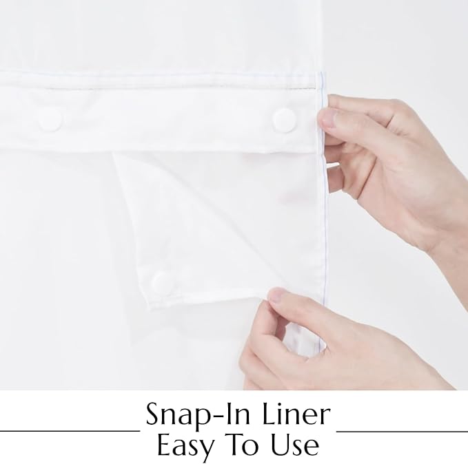 No Hook Shower Curtain with Snap in Liner, White and Black Striped Heavy Duty See Through Window Waterproof Machine Washable Bathroom Curtain 71" W x 74" L (Pack of 1)