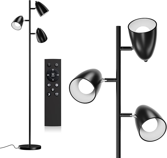 addlon Tree Floor Lamp with Remote, 3 Adjustable Rotating Light and Matching LED Bulbs, Standing Tall Pole Lamps for Living Room, Bedroom, Home, Office - Black