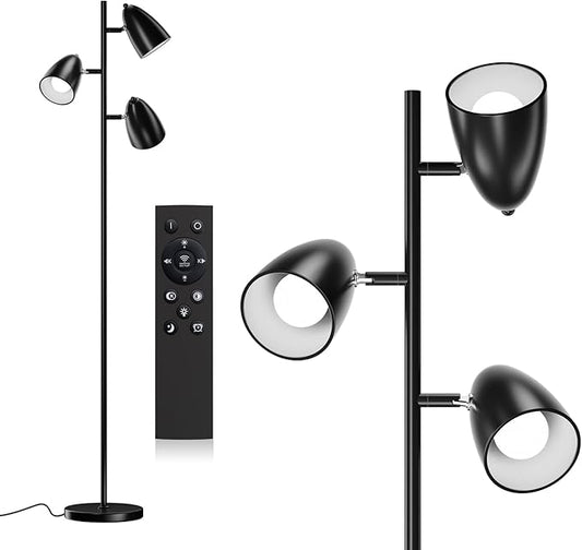 addlon Tree Floor Lamp with Remote, 3 Adjustable Rotating Light and Matching LED Bulbs, Standing Tall Pole Lamps for Living Room, Bedroom, Home, Office - Black