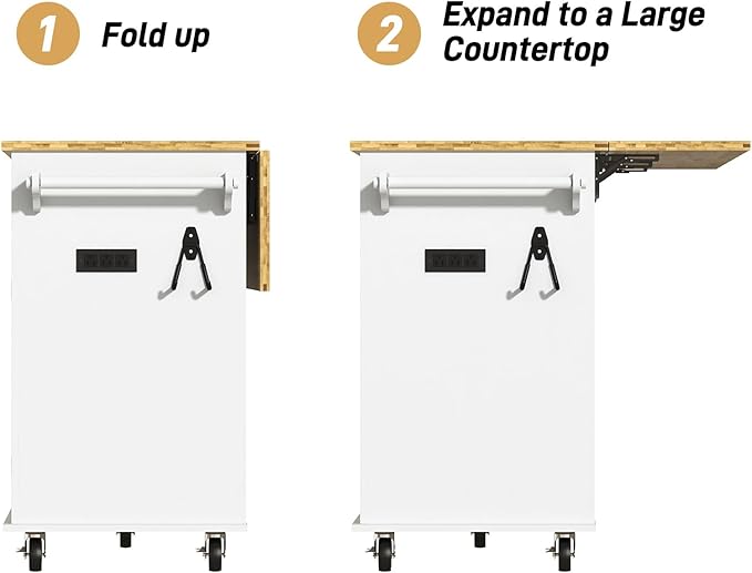 59" W Rolling Kitchen Island with Drop Leaf – Movable Kitchen Carts on Wheels Island with Storage Cabinet, Island Table for Kitchen with Rubber Wood Top and Rack and Drawers, Matte, White