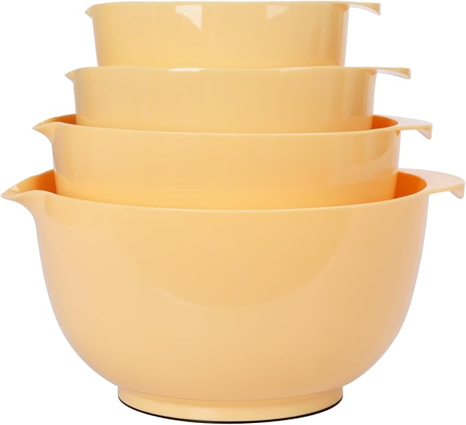 BoxedHome Nesting Plastic Mixing Bowl Set, 4 Piece Mixing Bowl Set with Pour Spouts, Size 1.7, 2.5, 3.5 and 4.5qt, for Prepping, Mixing, Baking, Cooking, Maize