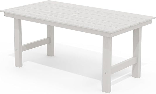 SERWALL HDPE Outdoor Dining Table for 6, 67" Rectangle Patio Dining Table with Umbrella Hole, White
