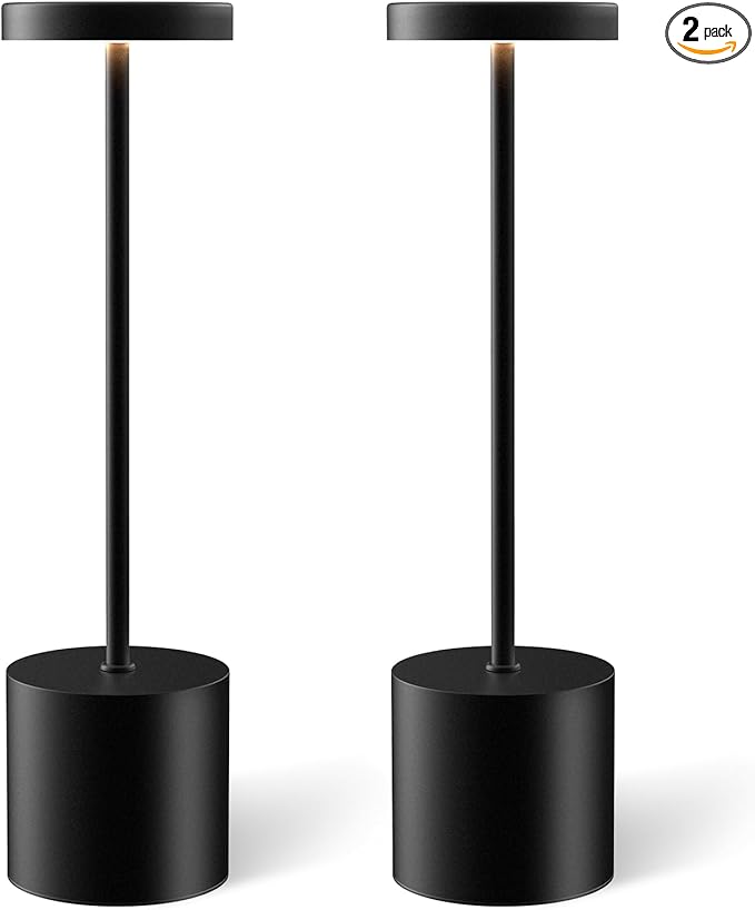 Cordless Table Lamp Set of 2, Rechargeable 5000mAh Battery Powered Outdoor Table Lamps, Portable LED Desk Lamp, 3 Color Dimmable Light for Restaurant, Patio, Bedroom, Bedside Night Lamp(Black)