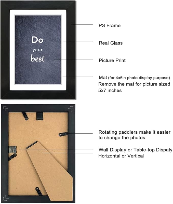 5x7 Black Picture Frame Set of 3 for Pictures 4x6 with Mat or 5x7 Without Mat, Wall or Tabletop Gallery Photo Frames with Real Glass