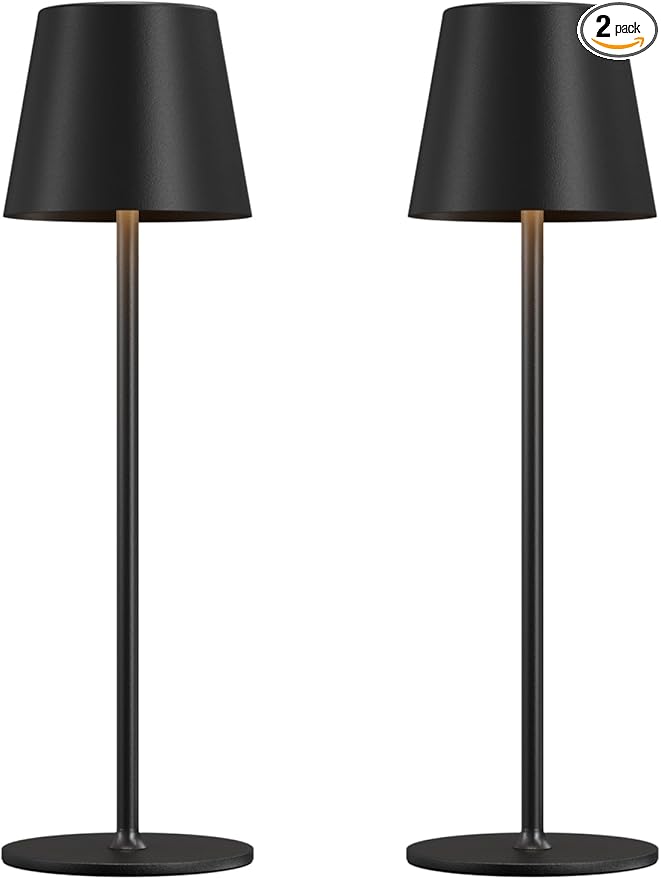 Cordless Table Lamp Rechargeable Black - KK 2 Pack 5000mAH Battery Operated Lamp for Counter, 3 Color Stepless Dimming Waterproof LED Wireless Lamp for Dining Kitchen, Outdoor Patio, Touch Control