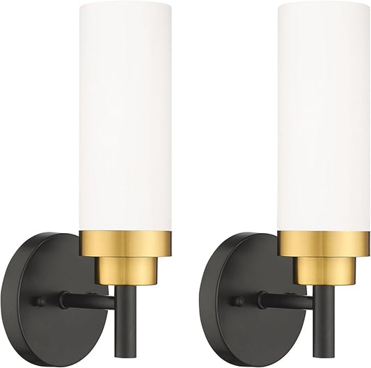Emak Modern Wall Sconce, Black Gold Bathroom Light Fixtures with Milk Glass Shade, 2 Pack Wall Lamp for Bathroom, Bedroom, Living Room, Hallway, WS085-BKBGD-ML-2PK