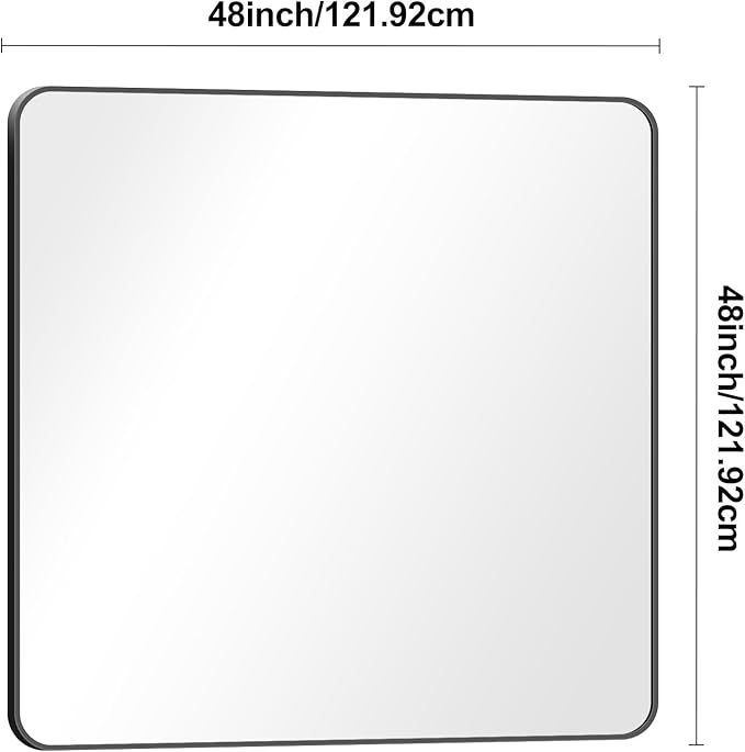 BONEWEI 48x48 inch Bathroom Mirror,Black Rectangle Mirror,Wall Mounted Bathroom Frame Vanity Mirror with Round Corner for Bedroom Living Room,Entryway Hangs Horizontal or Vertical