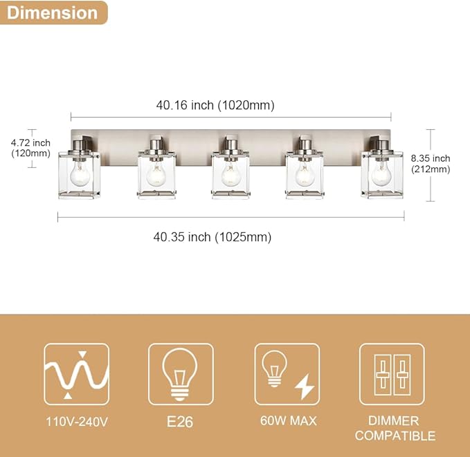 5-Lights Brushed Nickel Bathroom Wall Light with Clear Glass Shade, E26 Bulb Base Vanity Lighting Fixtures Over Mirror for Kitchen Cabinet Bedroom
