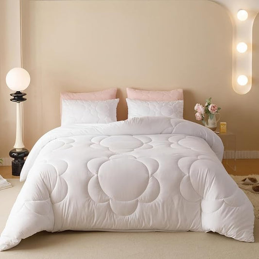 CLOTHKNOW White Twin/Twin XL Comforter Set Daisy Puff Pattern Bedding Comforter Sets Soft Boho Comforter White Comforters with 2 x Pillow Cases