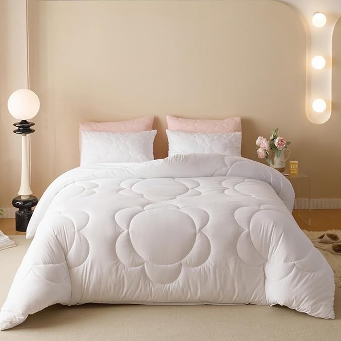 CLOTHKNOW White California King Comforter Sets Daisy Puff Pattern Bedding Comforter Sets Soft Boho Comforter with 2 x Pillow Cases