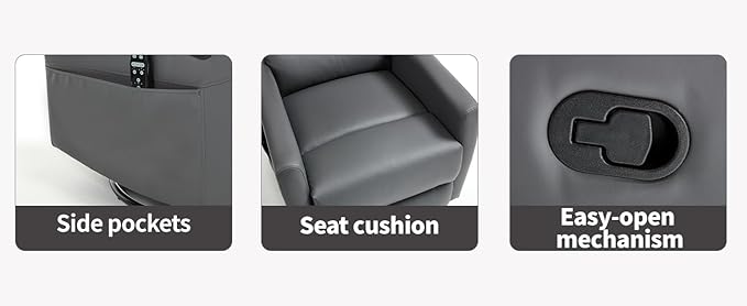 PELUMY Massage Recliner Chair with Heat - Manual Rocker Swivel Recliner, 360° Rotation & 155° Recline for Living Room（Breathable Leather, Grey）