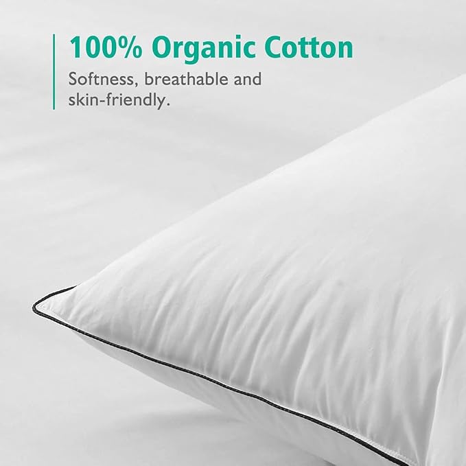 APSMILE Organic Feather Down Pillows Set of 2, Standard Size Bed Pillows for Sleeping with 100% Cotton Cover, 3-Chamber Hybrid Feather Down Core Pillow Surrounded by Polyester, 20x26 Inches