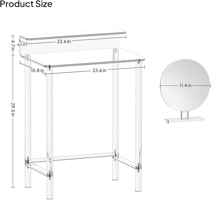 Eglaf Acrylic Small Vanity with Mirror - 23.6'' L x 15.8'' W x 33.9'' H - Modern Makeup Vanity Desk for Small Spaces - Clear Makeup Table Dressing Table, for Bedroom, Cloakroom