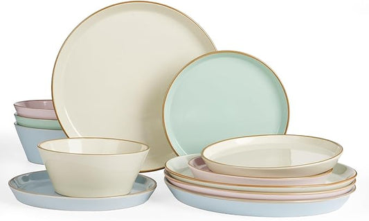 Famiware Saturn Dinnerware Sets, Plates and Bowls Sets for 4, 12 Pieces Stoneware Dish Set - Chip and Scratch Resistant, Microwave and Dishwasher Safe Tableware Set, Multi-color with Rim