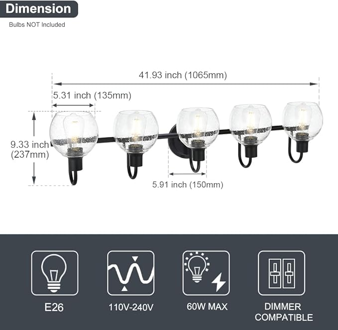 5-Lights Black Bathroom Vanity Light Fixtures Over Mirror, Modern Vanity Wall Sconce Lighting with Globe Seeded Glass Lampshades for Bedroom Kitchen Hallway
