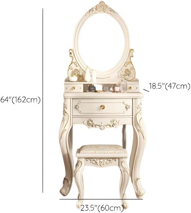 CraftThink Modern Makeup Vanity Set, Bedroom Makeup Vanity Desk Wood Vanity Dressing Table for Bedroom, Makeup Vanity & Mirror & Stools Oval 24" L x 19" W x 64" H