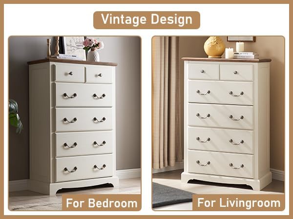 RedLemon 48" Tall Dresser for Bedroom, Modern 6 Drawers Dresser with Vintage Styles Pulls, Wood Rustic Closet Chest of Drawers for Living Room, Hallway, Antique White