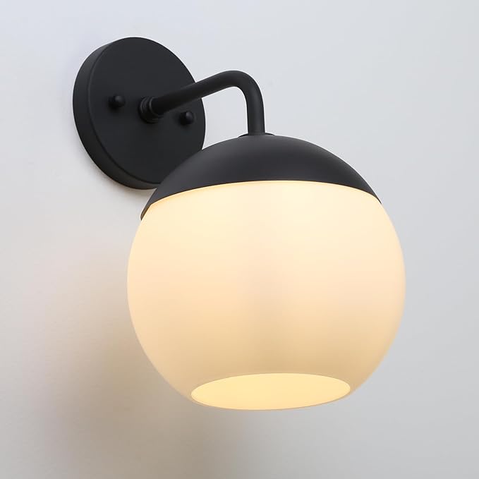 Modern Wall Sconce with Frosted Glass Globe Lampshade, Metal Base Industrial Wall Light Fixture, Indoor Wall Mounted Lamp for Vanity Bathroom Bedroom Living Room