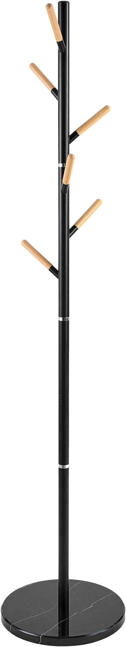 A&M Coat Rack Freestanding with 6 Wooden Hooks & Marble Base - 18 lbs Metal Coat Tree Stand for Hanging Clothes, Hats, Bags, & Jackets - Heavy Duty Purse Rack Stand for Entryway, Bedroom & Office