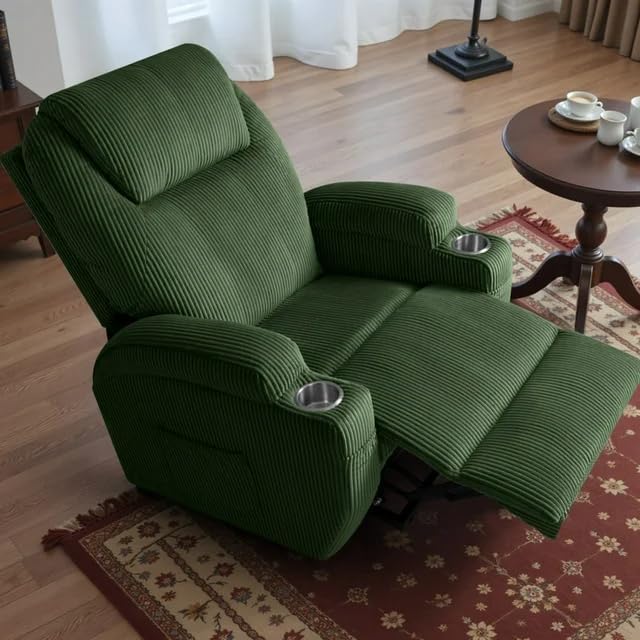 Electric Power Lift Recliner Chair with Massage for Elderly Corduroy Fabric Recliner Single Sofa with Cup Holders, Side Pockets and Remote Control for Living Room Bedroom (Green)