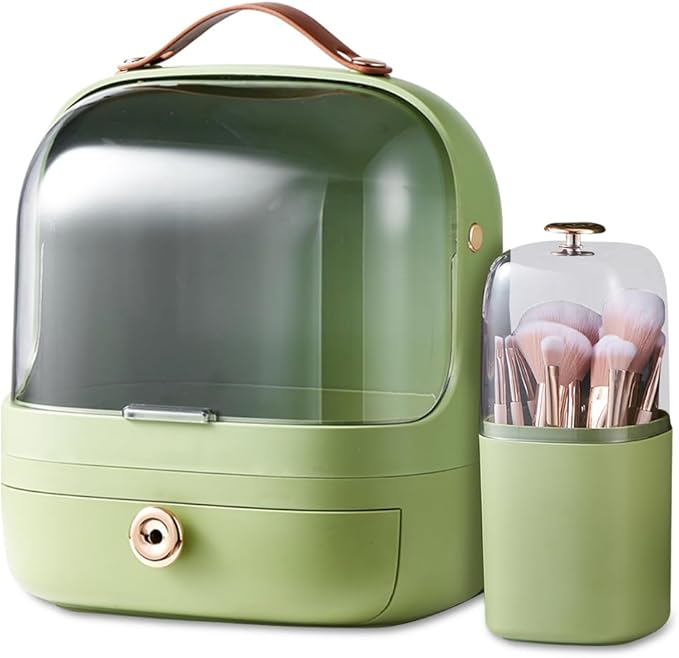 Ergocar Make Up Case Dustproof Cosmetics Skin Care Products Cosmetic Storage Box, Multi-Function Jewelry Organizer Case - Green + Brush Holder