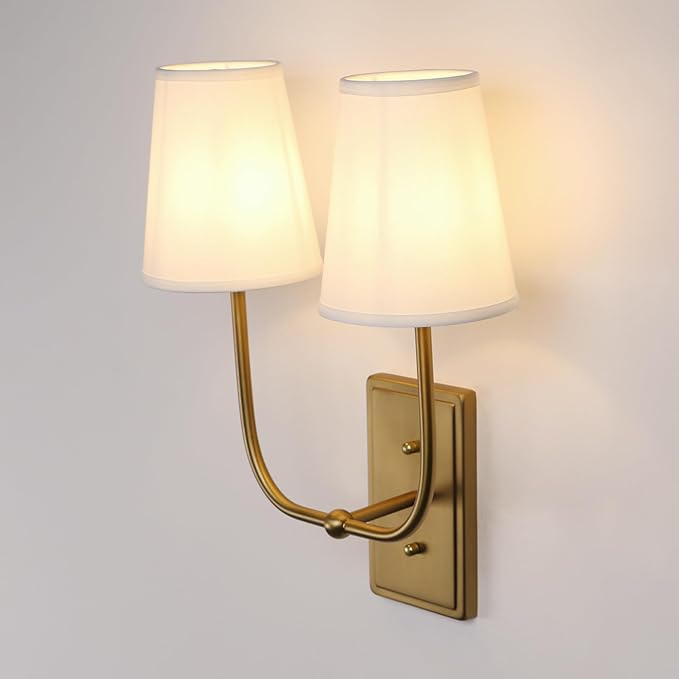 Vintage 2-Lights Wall Sconces with Funnel White Fabric Shades, Double Head Bathroom Vanity Lights Fixture, Indoor Wall Lamps for Bedroom Living Room Hallway Stairway