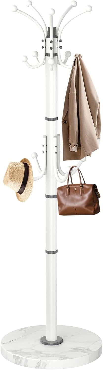 EZIVIEZ Modern Coat Rack Stand, Metal Freestanding Coat Rack with Natural Marble Base, Coat Racks with Umbrella Holder,Coat Hanger Stand with 12 Hooks for Office, Entryway (White-360° Rotary 14 Hooks)