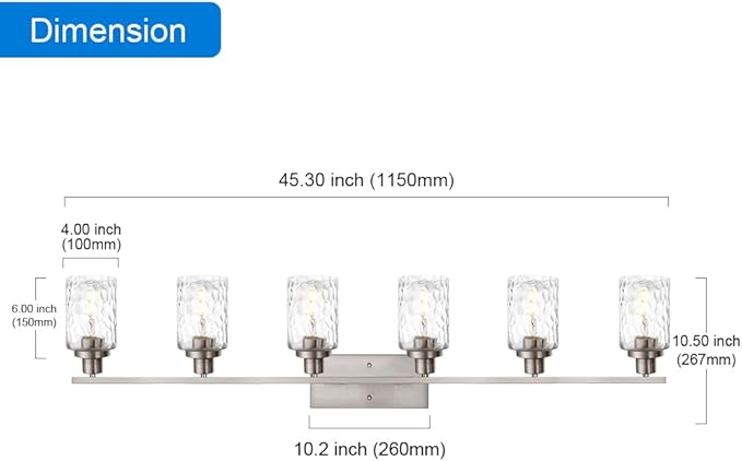 MELUCEE 6-Light Bathroom Vanity Light Brushed Nickel Finish with Clear Hammered Glass Shade, Industrial Wall Light Fixtures for Bath Mirror Bedroom Dressing Table (Patent No.: US D963914 S)