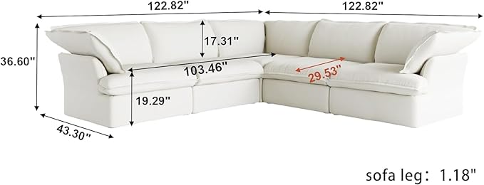 JACH V-Shaped Cloud Sectional Couch, Deep Seats Convertible Sofas, Minimalist Cloud Modular Sofa, Down Fill Soft Sofas for Living Room, Office, Apartment (5 Seats, White)