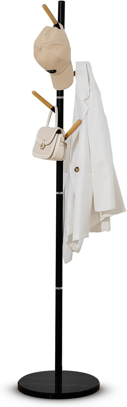 A&M Coat Rack Freestanding with 6 Wooden Hooks & Marble Base - 18 lbs Metal Coat Tree Stand for Hanging Clothes, Hats, Bags, & Jackets - Heavy Duty Purse Rack Stand for Entryway, Bedroom & Office