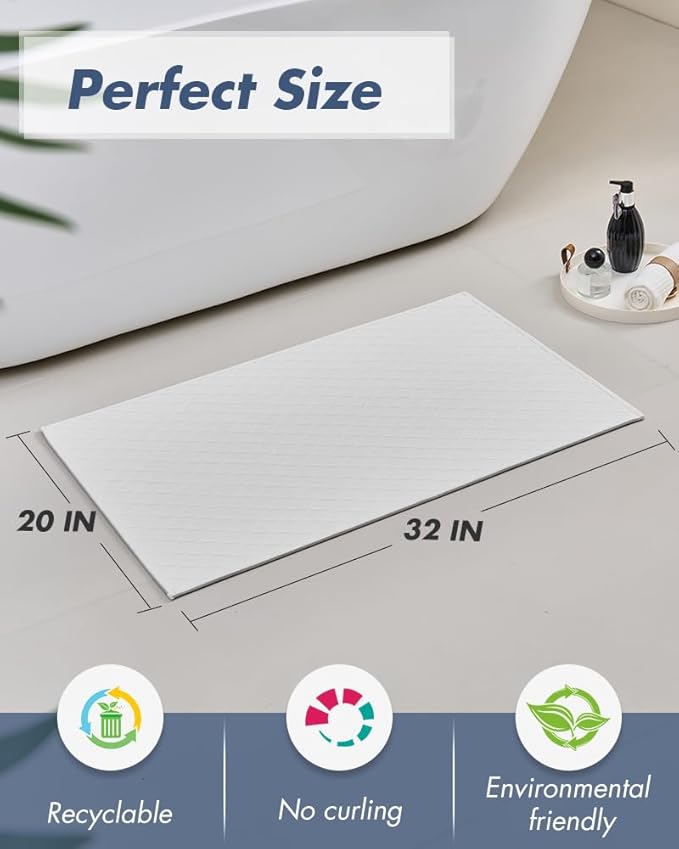 AMOAMI Ultra Thin Bathroom Rugs, Rubber Backed Bath Mats for Bathroom Non Slip, Absorbent Bathroom Mat for Floor, Shower, Sink(20"x 32", White)