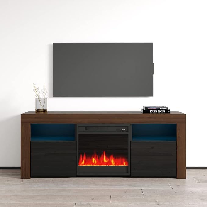 Meble Furniture Modern Rectangular TV Stand with Storage Cabinets & Electric Fireplace - Fits TVs Up to 65" - Walnut/Black