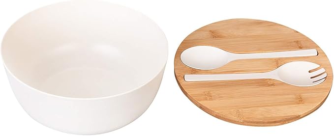 GEHE Bamboo Salad Bowl with Servers Set - Large 9.8 inches mixing bowls Solid Bamboo Salad Wooden Bowl with Lid Spoon for Fruits,Salads and Decoration (White, 9.8INCH)