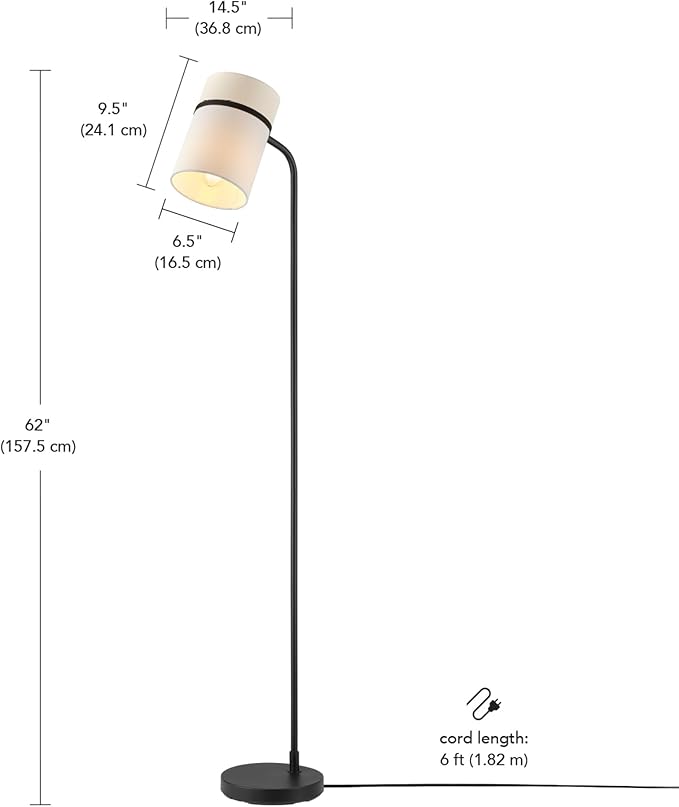 GLOBE Electric 61000145 62" Floor Lamp, Matte Black, White Fabric Shade, in-Line of/Off Foot Switch, 6-Foot Black Cord, Reading Light, Bedroom, Living Room, Home Decor
