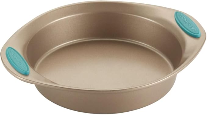 Rachael Ray Cucina Bakeware Set Includes Nonstick Bread Baking Cookie Sheet and Cake Pans, 5 Piece, Latte Brown with Agave Blue Grips