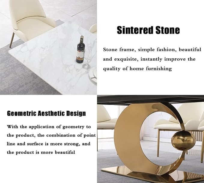 Dining Table, White Sintered Stone Tabletop Dining Room Table, Modern Striped Base Marble Tables for Dining Room Set for 6-8