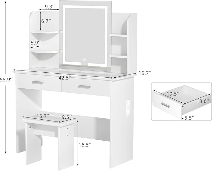 SMOOL Vanity with Lighted Mirror, Makeup Vanity Desk with Glass Top & Power Outlet, 3 Color Light Options, Vanity Table with 6 Storage Shelves, 2 Large Drawers and Cushioned Stool for Bedroom, White
