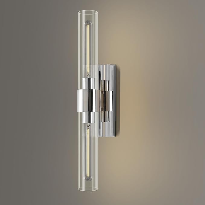 Wall Light Fixtures,Industrial Wall Sconces Clear Glass Wall Mount Sconce, Chrome Nickel Bathroom Vanity Light, Wall Lamp for Living Room Bedroom Hallway(Bulb Included)