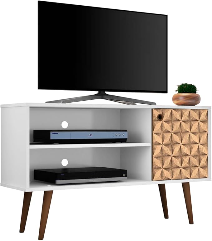 Manhattan Comfort Liberty Mid Century Modern TV Stand for Televisions up to 46 Inches, Bedroom and Living Room Entertainment Center with Storage, Shelves, and Cabinet, 43" Wide, White/3d Print