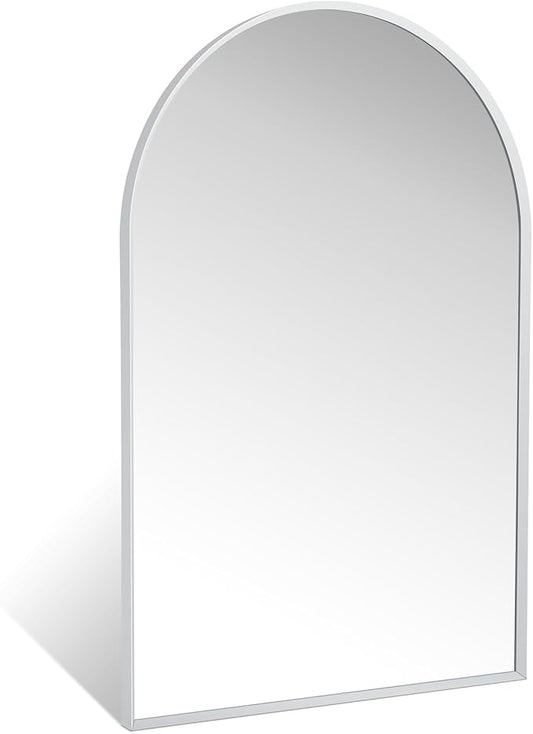 20" x 30" Silver Arched Mirror, Modern Aluminum Alloy Metal Frame, Arch Bathroom Vanity and Wall Decor Mirror for Bathroom, Living Room, Bedroom, Entryway