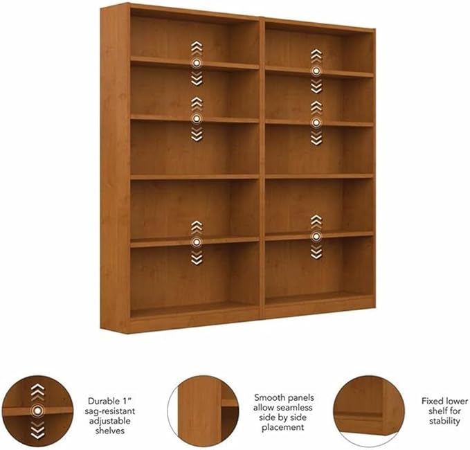 Pemberly Row Engineered Wood Tall 5 Shelf Bookcase in Natural Cherry (Set of 2)