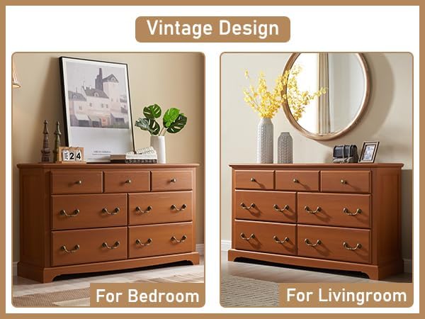 Farmhouse Dresser for Bedroom, 54" Modern 7 Drawers Dresser with Vintage Styles Pulls, Wood Rustic Closet Chest of Drawers for Living Room, Hallway, Cherry