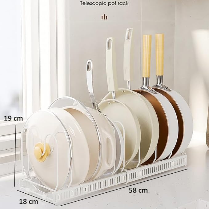 Expandable Pots and Pans Organizer Rack, Pot Lid Kitchen Cabinet Organizer Holder with 10 Adjustable Compartment, Cookware Rack for Kitchen Cabinet Storage, White