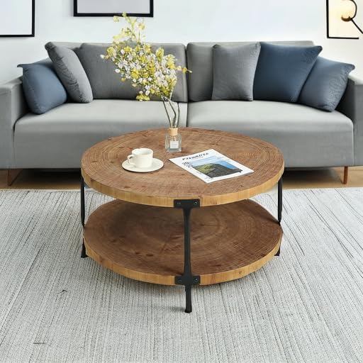 Round Boho Wood Coffee Table - 29.1" Farmhouse Natural Circle Wooden 2-Tier Coffee Tables Living Room Furniture, 29.1" D x 18.3" H, Natural Wood Color