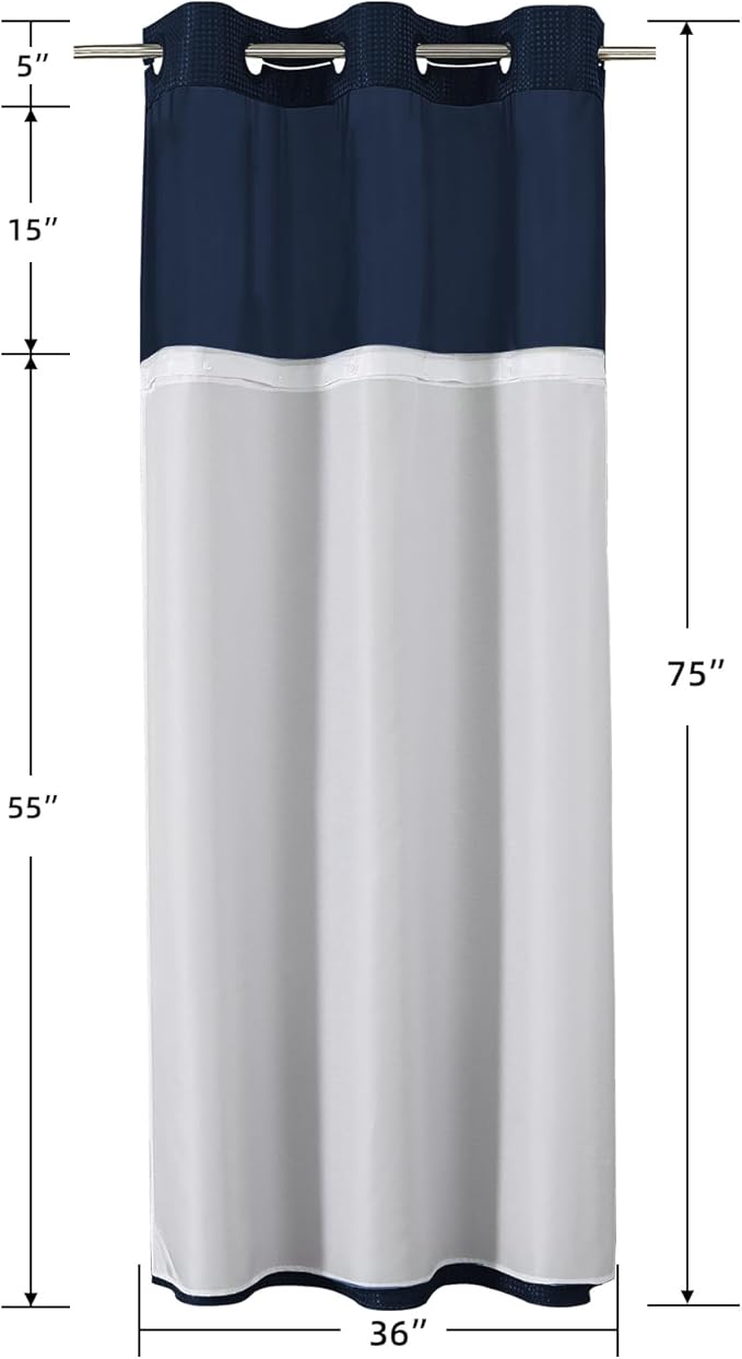 Colorful Star Small Stall Waffle Weave Shower Curtains, 256GSM Heavy Duty Shower Curtain with Snap in Fabric Liner, Hotel Style No Hook Waterproof Bathroom Curtain Set, 36 x 75 Inch, Navy Blue