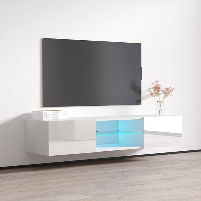 Meble Furniture Fly Type-33 Floating TV Stand - Rectangular Shape Modern High Gloss TV Stand with Storage Cabinets & Led Lights - Media Entertainment Center Console Table for TV Up to 70" - White