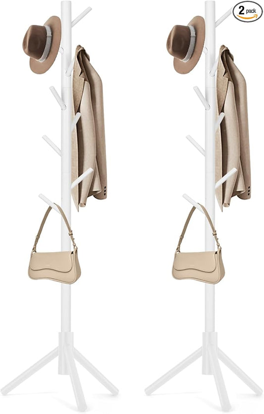 2 PCS Coat Rack, Freestanding Coat Rack with 8 Hooks and 3 Adjustable Size Tree Coat Racks for Bedroom, Hallway, Entrance, Office, for Hats, Coats, Scarves, Handbags