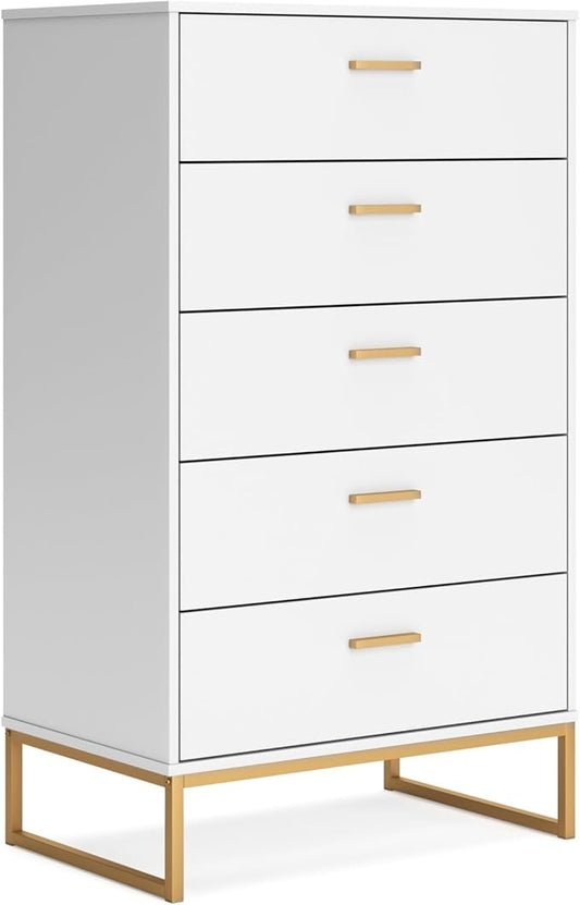Signature Design by Ashley Socalle Modern 5-Drawer Chest of Drawers with Safety Stop, White & Metallic