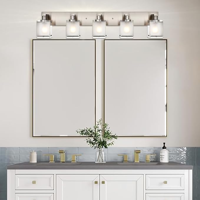 5-Lights Bathroom Vanity Light Fixtures, Modern Brushed Nickel Wall Sconce Lighting with Rectangular Frosted Glass Shades, E26 Bulb Base